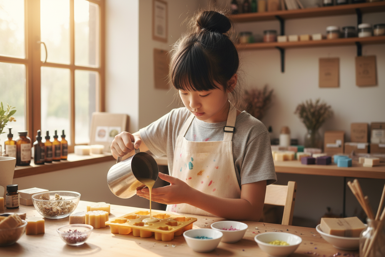 a twelve years old black hair gil making soap